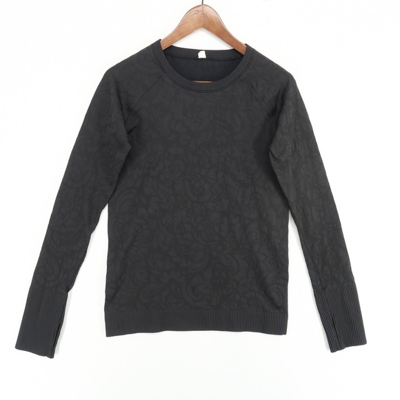 Lululemon Training Shirt Womens‎ 10 Black Jacquard Textured Thumb Holes - Picture 1 of 8
